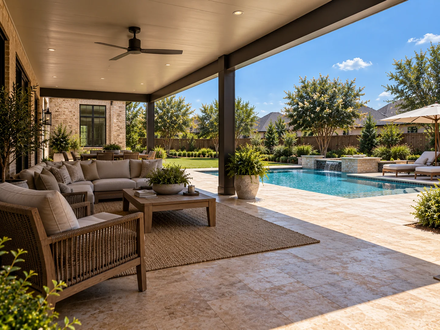 Insulated patio cover casting deep shade over a travertine patio in summer sun