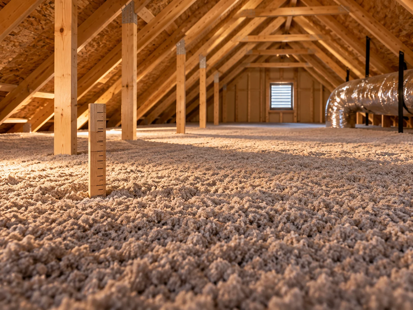 Evenly blown cellulose insulation across a Texas attic floor