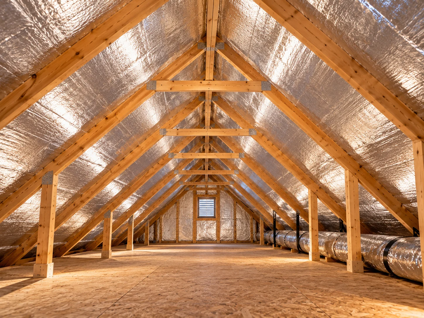 Reflective radiant barrier neatly lining the underside of a roof deck