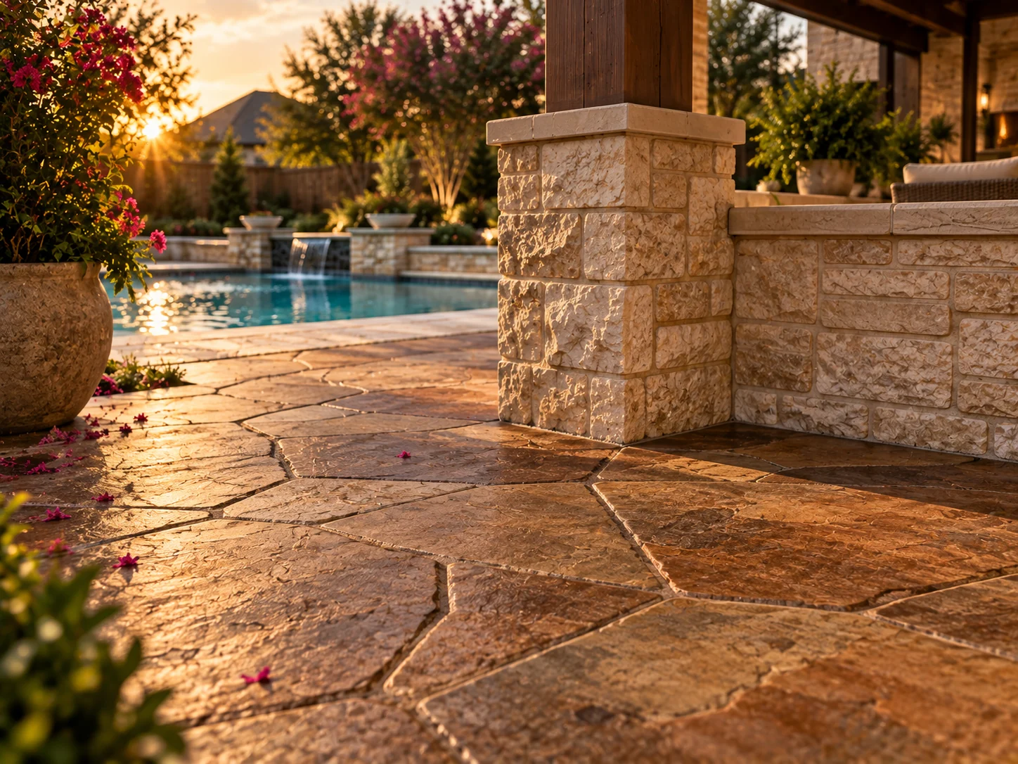 Stone-faced wall and travertine paving in a finished backyard