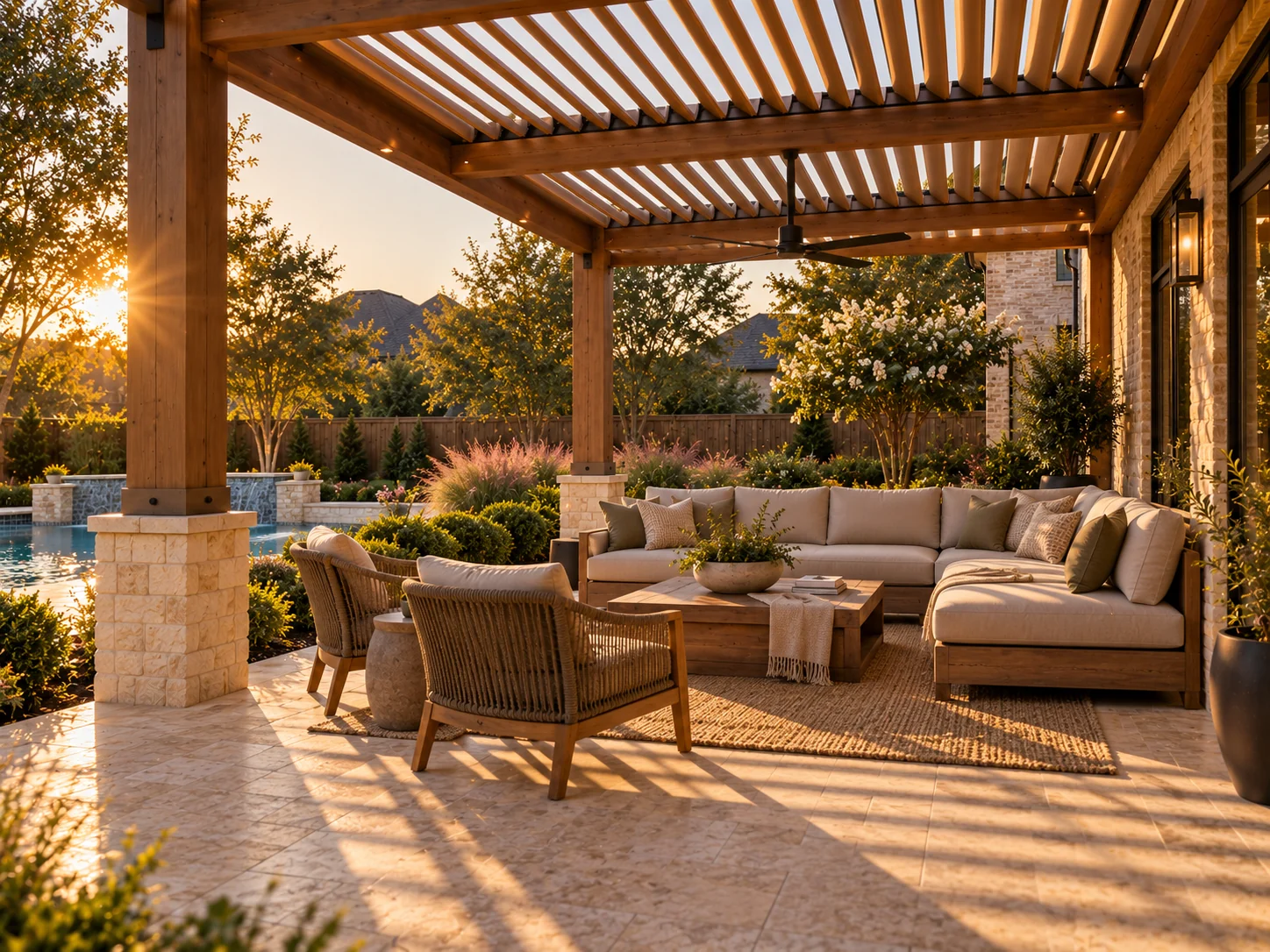 Modern louvered pergola over an outdoor lounge