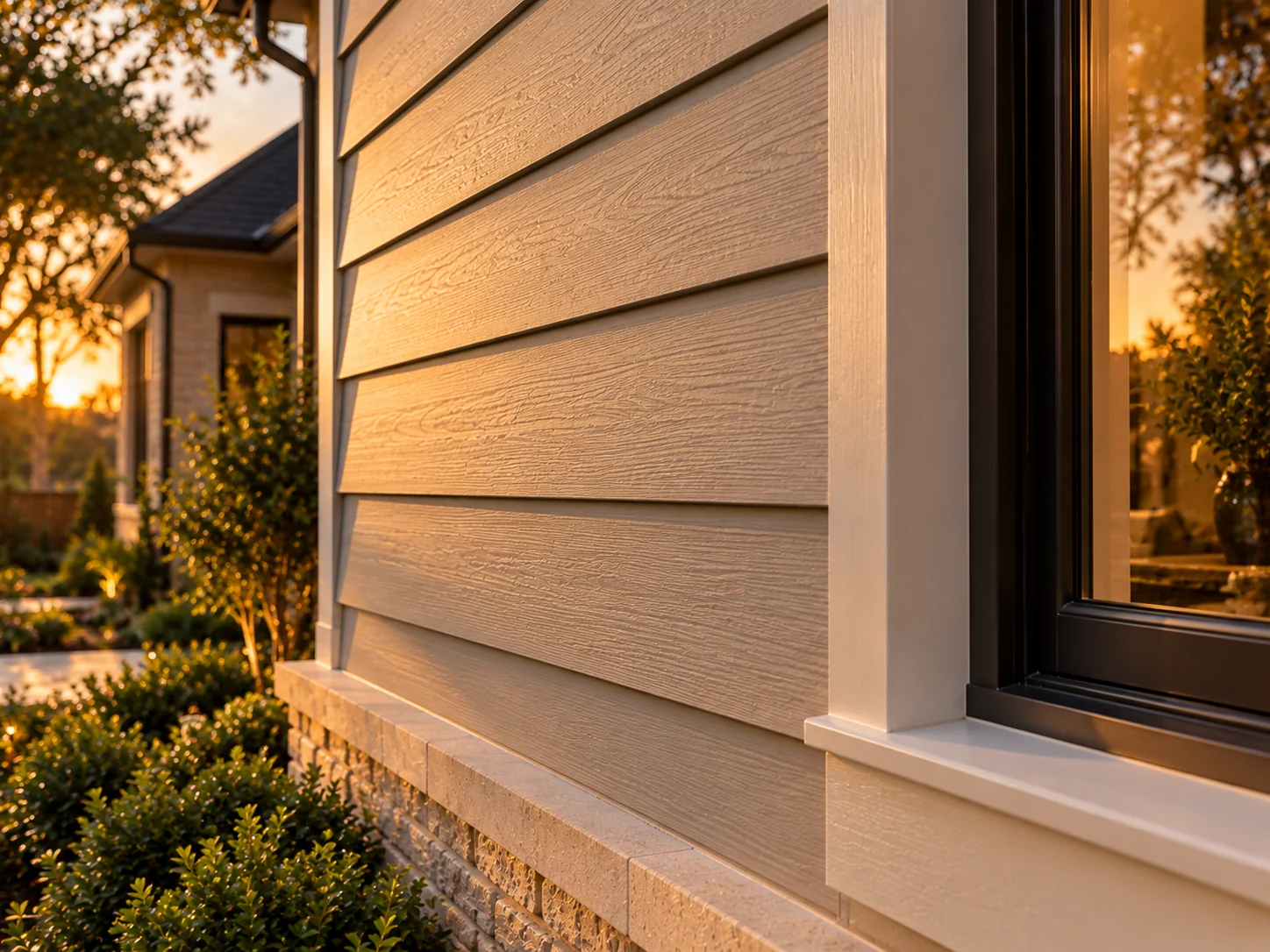 Raking light across fiber-cement lap siding showing its texture and shadow lines