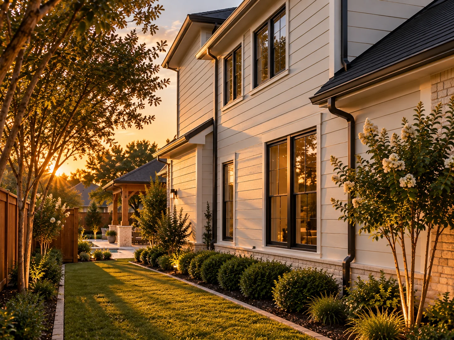 New fiber-cement siding in warm white on the side elevation of a Texas home