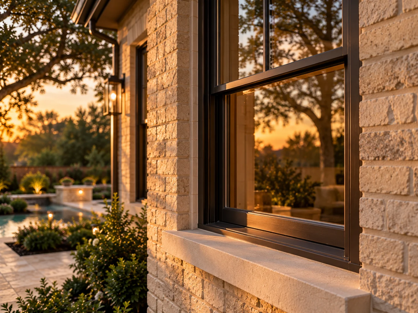 Double-hung window with a bronze frame set in Texas brick with a limestone sill