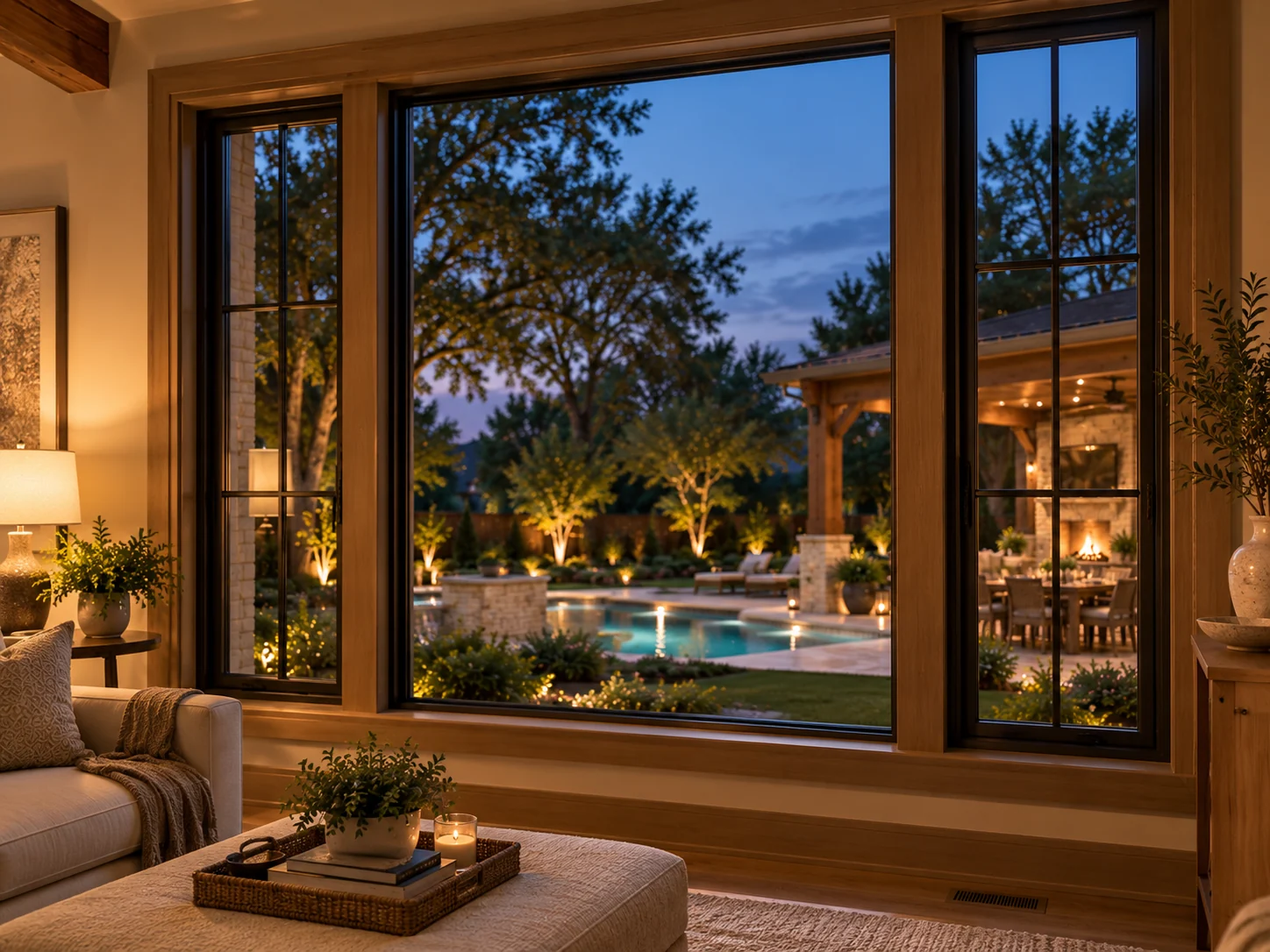 Tall architectural window unit with a warm wood interior at dusk