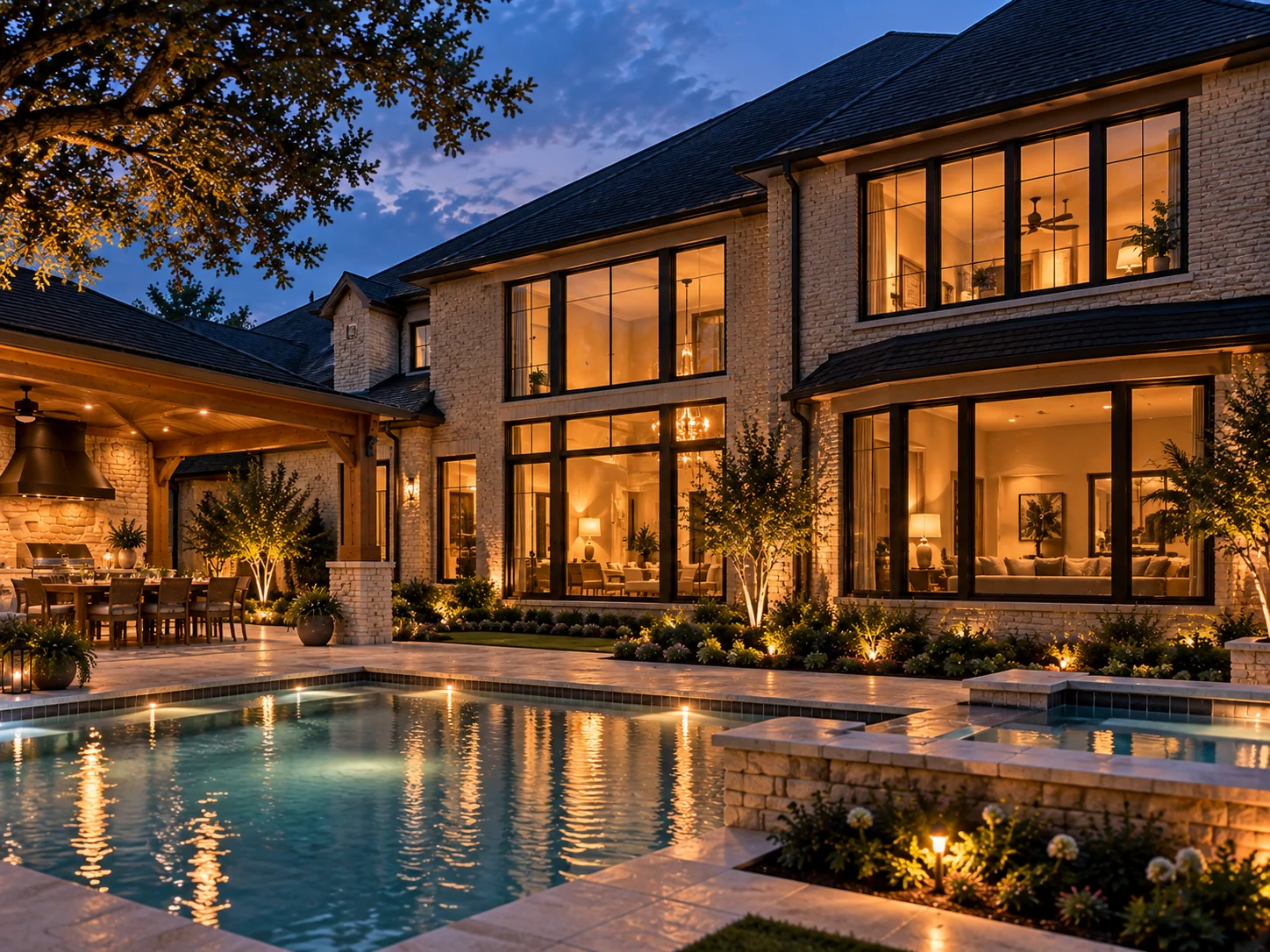Row of custom-color windows glowing across the back of a brick home at blue hour